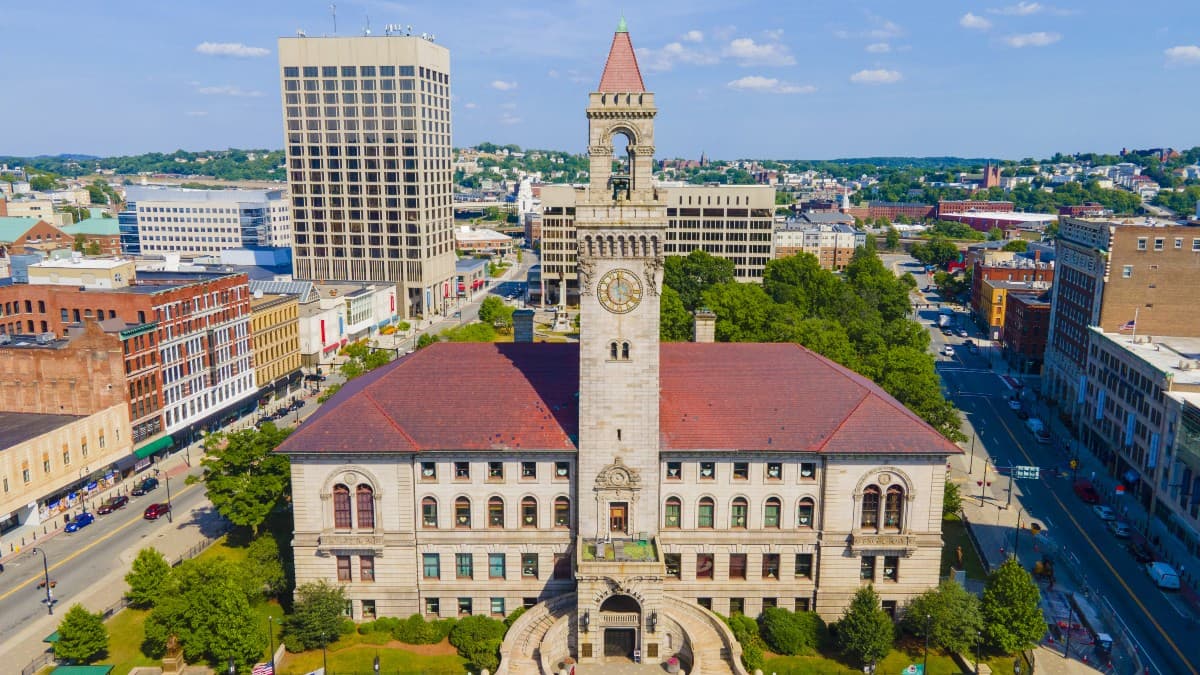 aerial view of Worcester City Hall